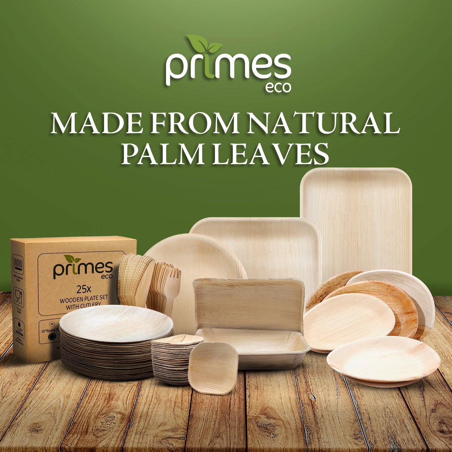PRIMES ECO 10 Inch - 25pcs Disposable Palm Leaf Plates and Wooden Cutlery Set, 25x Large Round Plates, 25x Forks, 25x Knives, Eco Friendly Biodegradable, Office Home Party Plates 1 Box(25PCS)