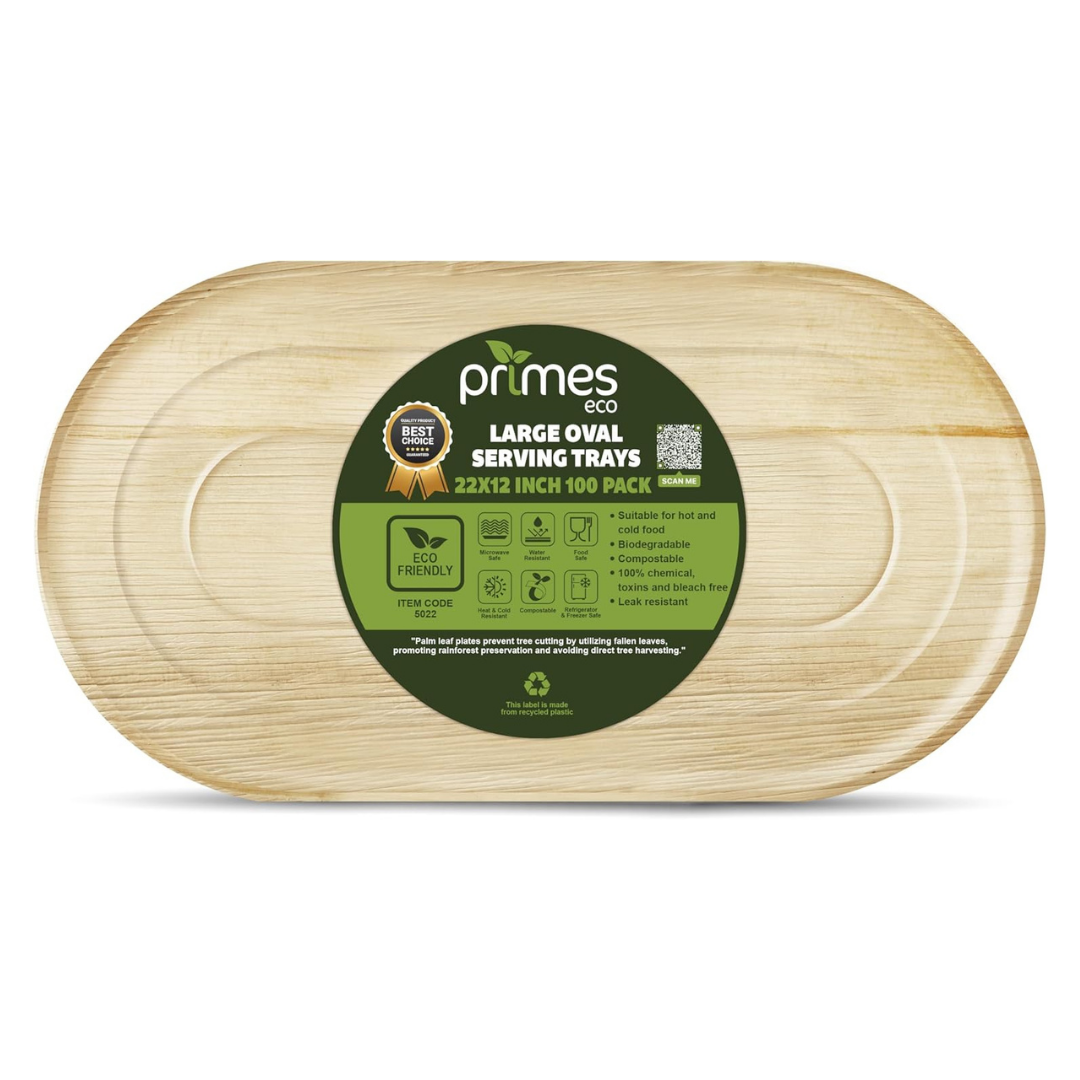 10 Disposable Palm Leaf Serving Platters – Large Oval 22″ x 12″ (56 × 30 cm) – Eco-Friendly Biodegradable Food Trays for Weddings, Parties, Canapés, Charcuterie Boards, Hot Food Servings
