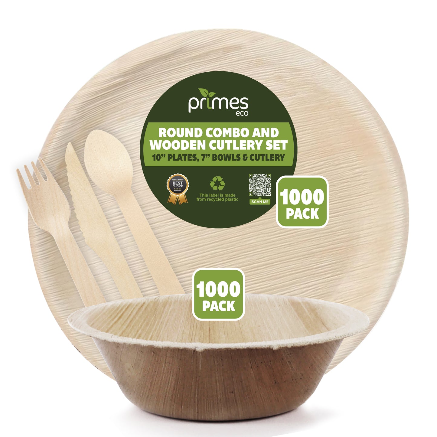 Disposable Palm Leaf 10 Inch Round Plates & 7 Inch 700ml Round Bowls with Wooden Spoon Knife Fork Set for Parties, Events, Catering & Everyday Use