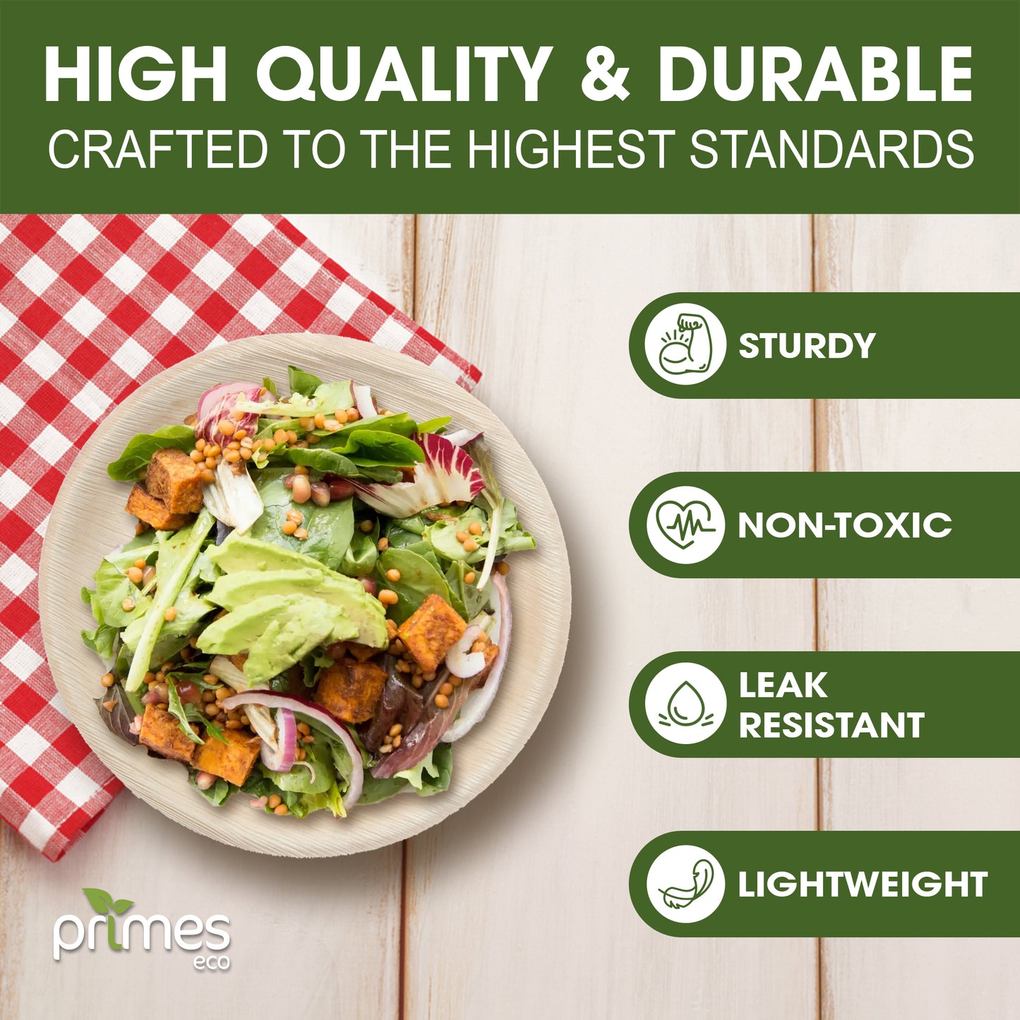 PRIMES ECO 10 Inch - Disposable Palm Leaf Large Round Plates, Eco Friendly Biodegradable Compostable Plates, Like Wooden Plates, Chemical free Plates, office Party Wedding Picnic Plates