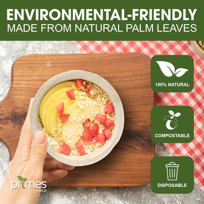 PRIMES ECO 6 Inch - Disposable Palm Leaf Round Bowls, Small Compostable Bowls, Soup Salad Bowl, Eco Friendly & Biodegradable Heavy-Duty Bowl for Wedding, Microwave & Oven Safe, Party, Picnic