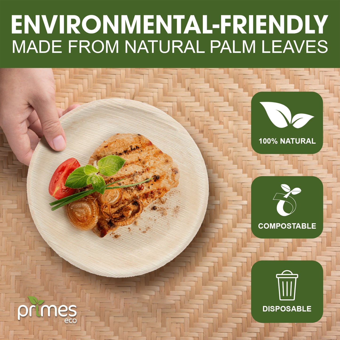 PRIMES ECO 10 Inch - Disposable Palm Leaf Large Round Plates, Eco Friendly Biodegradable Compostable Plates, Like Wooden Plates, Chemical free Plates, office Party Wedding Picnic Plates