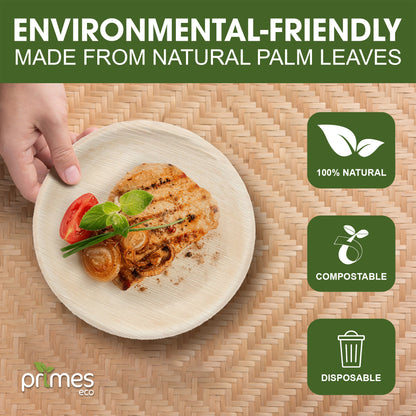 PRIMES ECO 10 Inch - Disposable Palm Leaf Large Round Plates, Eco Friendly Biodegradable Compostable Plates, Like Wooden Plates, Chemical free Plates, office Party Wedding Picnic Plates