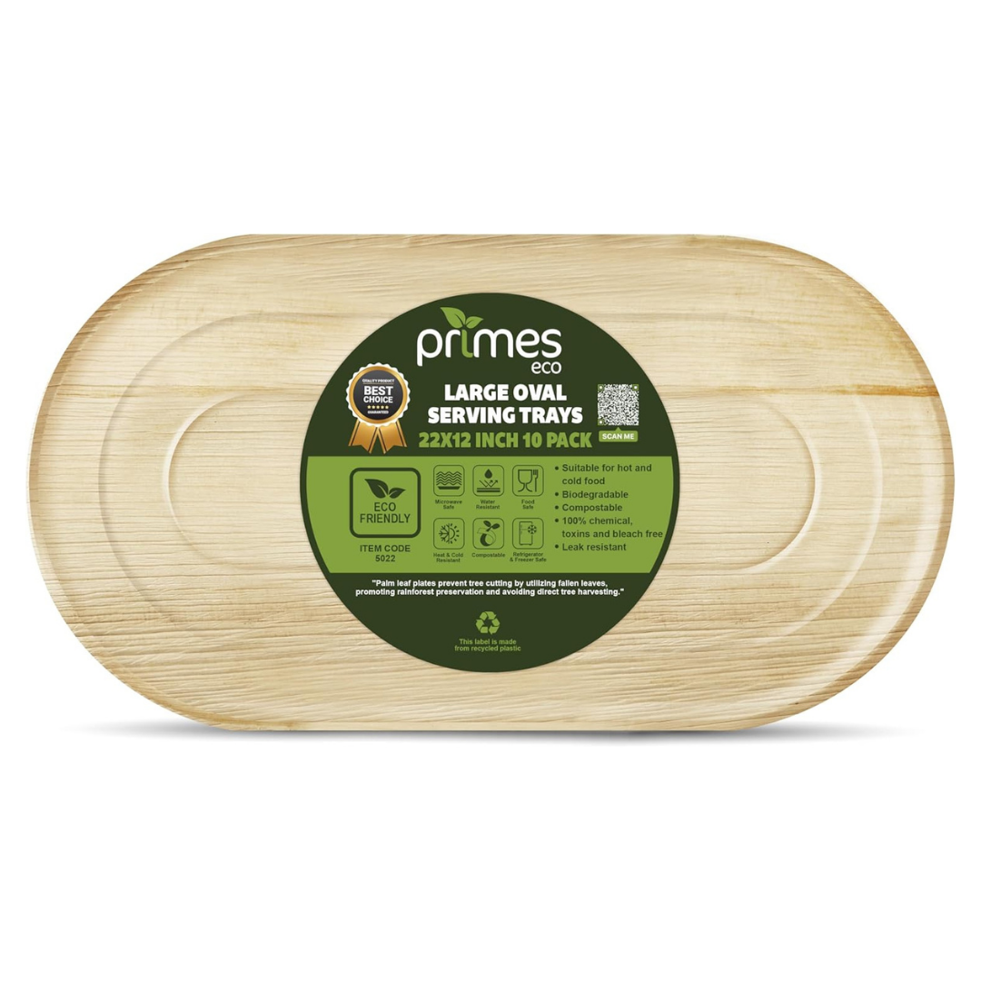 10 Disposable Palm Leaf Serving Platters – Large Oval 22″ x 12″ (56 × 30 cm) – Eco-Friendly Biodegradable Food Trays for Weddings, Parties, Canapés, Charcuterie Boards, Hot Food Servings