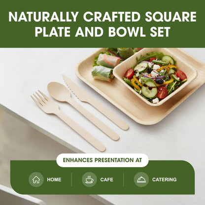 Disposable Palm Leaf Dinnerware Combo Set with 10 Inch Square Plates, 5 Inch 300ml Square Bowls and Wooden Cutlery for Parties, Events, Catering and Everyday Use