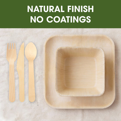 Disposable Palm Leaf Dinnerware Combo Set with 10 Inch Square Plates, 5 Inch 300ml Square Bowls and Wooden Cutlery for Parties, Events, Catering and Everyday Use