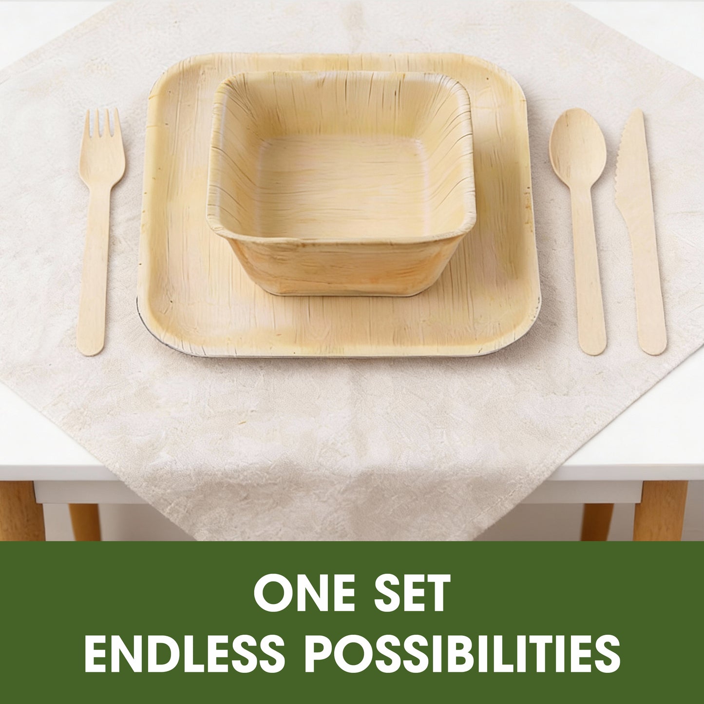 Disposable Palm Leaf Dinnerware Combo Set with 10 Inch Square Plates, 5 Inch 300ml Square Bowls and Wooden Cutlery for Parties, Events, Catering and Everyday Use
