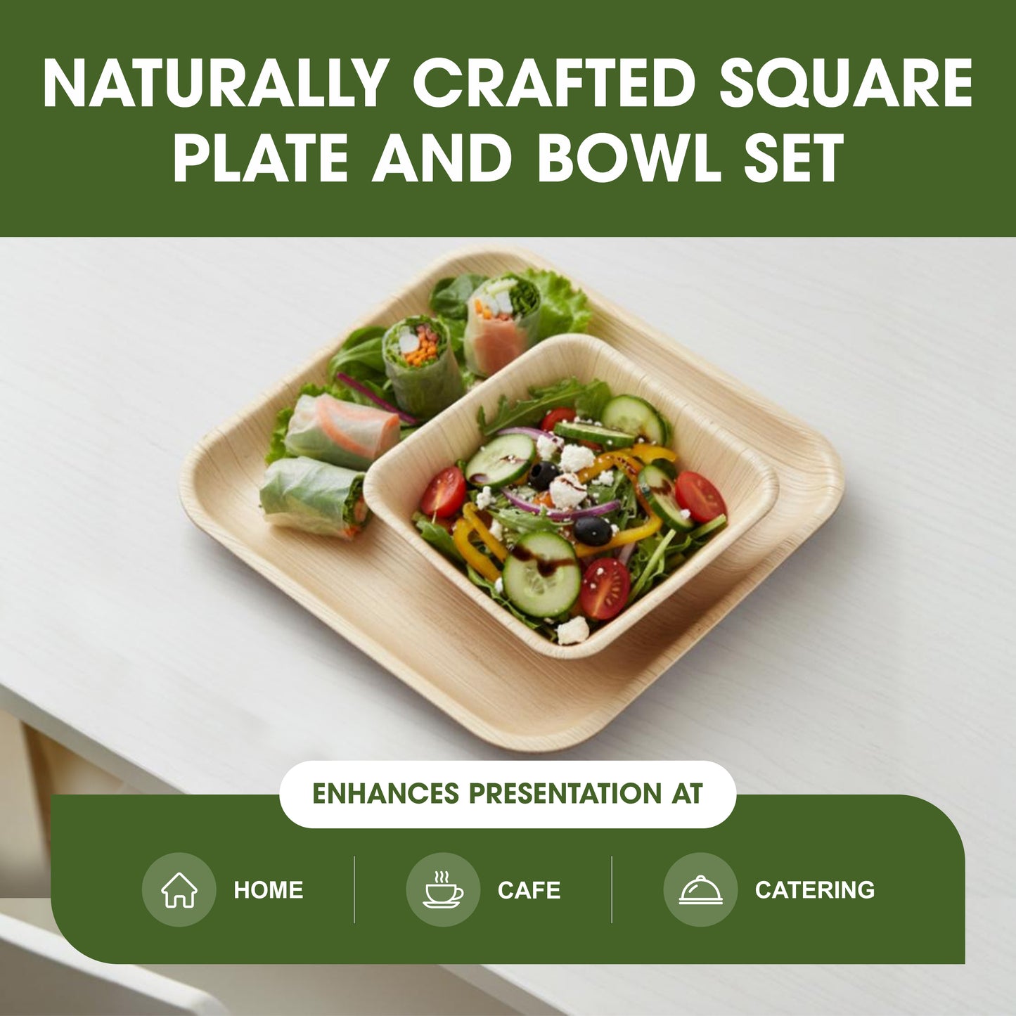 Disposable Palm Leaf Tableware Combo Set – 10 Inch Square Plates & 300ml 5 Inch Square Bowls – Strong Areca Leaf Disposable Plates for Parties, Events & Catering