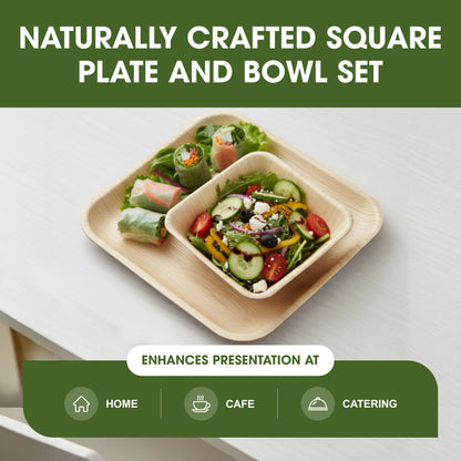 Disposable Palm Leaf Tableware Combo Set – 10 Inch Square Plates & 300ml 5 Inch Square Bowls – Strong Areca Leaf Disposable Plates for Parties, Events & Catering