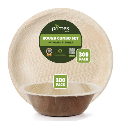 Disposable Palm Leaf Plates and Bowls Combo Set, 10 Inch Round Plates with 7 Inch 700ml Round Bowls, Natural Areca Leaf Disposable Plates for Parties, Events, Catering