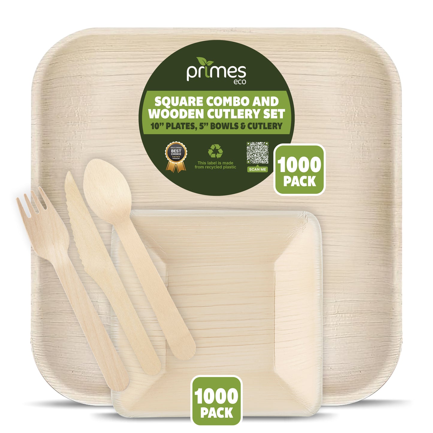 Disposable Palm Leaf Dinnerware Combo Set with 10 Inch Square Plates, 5 Inch 300ml Square Bowls and Wooden Cutlery for Parties, Events, Catering and Everyday Use