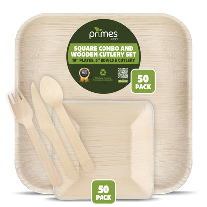 Disposable Palm Leaf Dinnerware Combo Set with 10 Inch Square Plates, 5 Inch 300ml Square Bowls and Wooden Cutlery for Parties, Events, Catering and Everyday Use