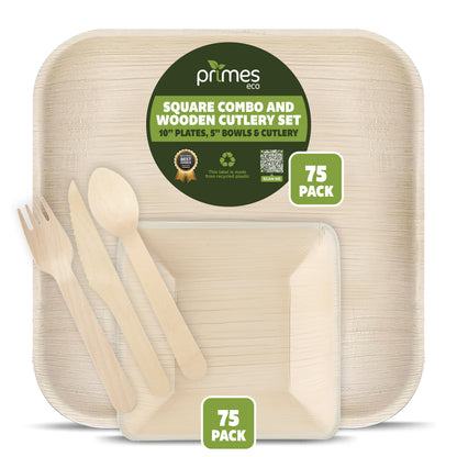 Disposable Palm Leaf Dinnerware Combo Set with 10 Inch Square Plates, 5 Inch 300ml Square Bowls and Wooden Cutlery for Parties, Events, Catering and Everyday Use
