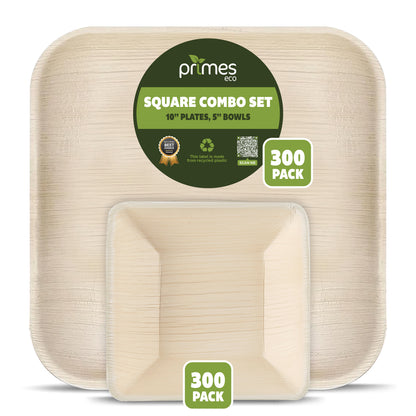 Disposable Palm Leaf Tableware Combo Set – 10 Inch Square Plates & 300ml 5 Inch Square Bowls – Strong Areca Leaf Disposable Plates for Parties, Events & Catering
