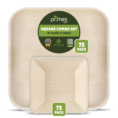 Disposable Palm Leaf Tableware Combo Set – 10 Inch Square Plates & 300ml 5 Inch Square Bowls – Strong Areca Leaf Disposable Plates for Parties, Events & Catering