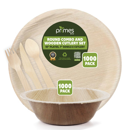 Disposable Palm Leaf 10 Inch Round Plates & 7 Inch 700ml Round Bowls with Wooden Spoon Knife Fork Set for Parties, Events, Catering & Everyday Use