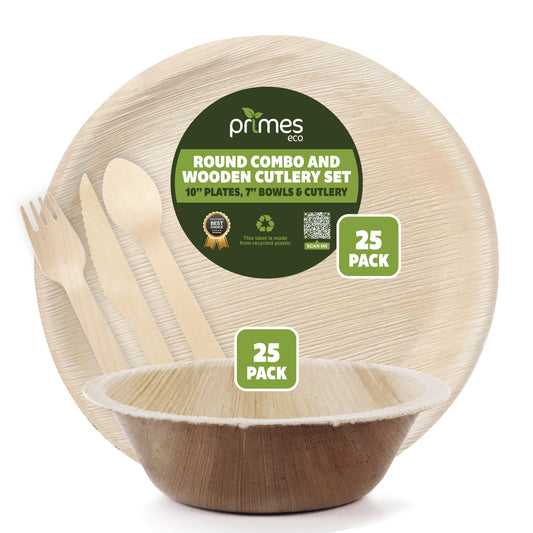 Disposable Palm Leaf 10 Inch Round Plates & 7 Inch 700ml Round Bowls with Wooden Spoon Knife Fork Set for Parties, Events, Catering & Everyday Use