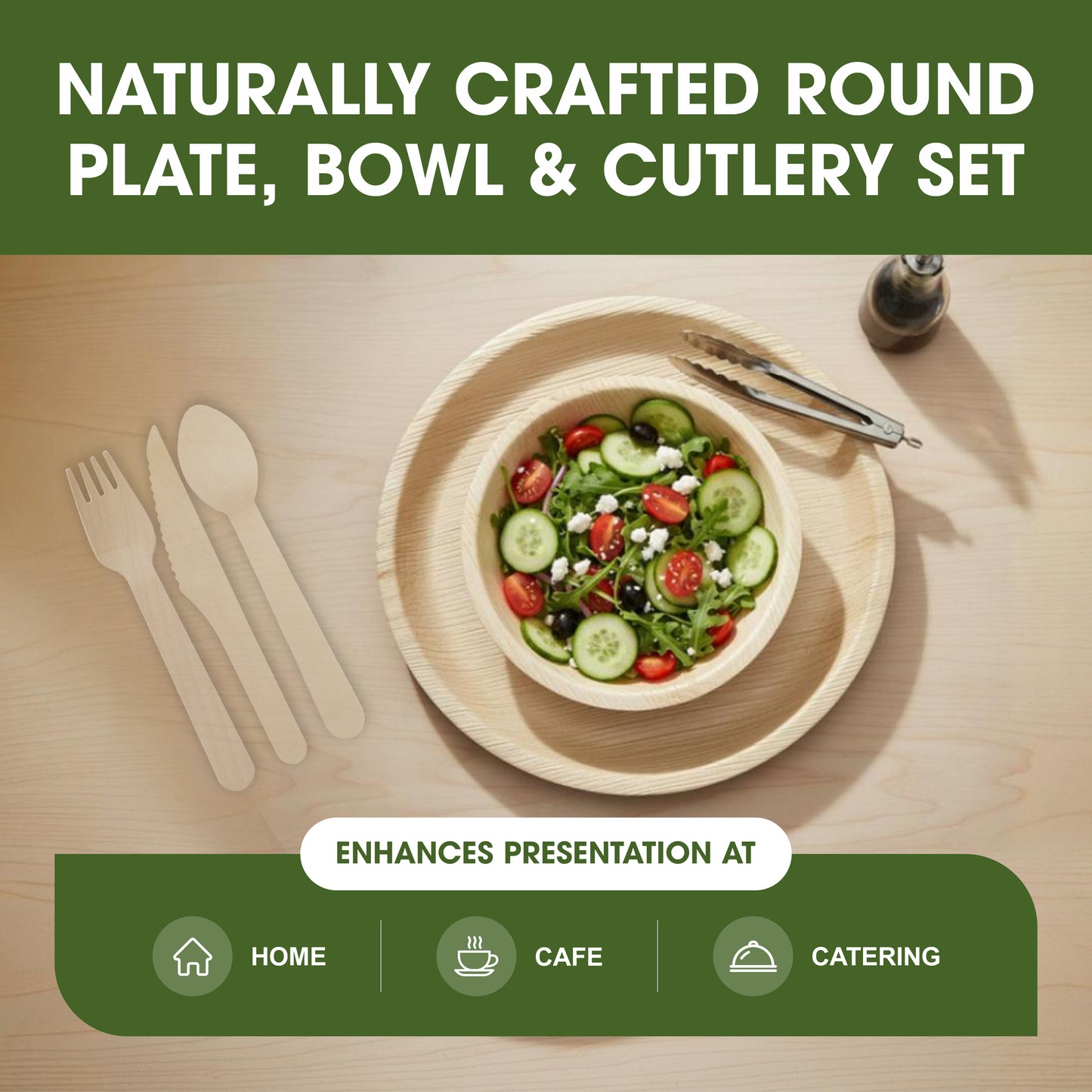 Disposable Palm Leaf 10 Inch Round Plates & 7 Inch 700ml Round Bowls with Wooden Spoon Knife Fork Set for Parties, Events, Catering & Everyday Use