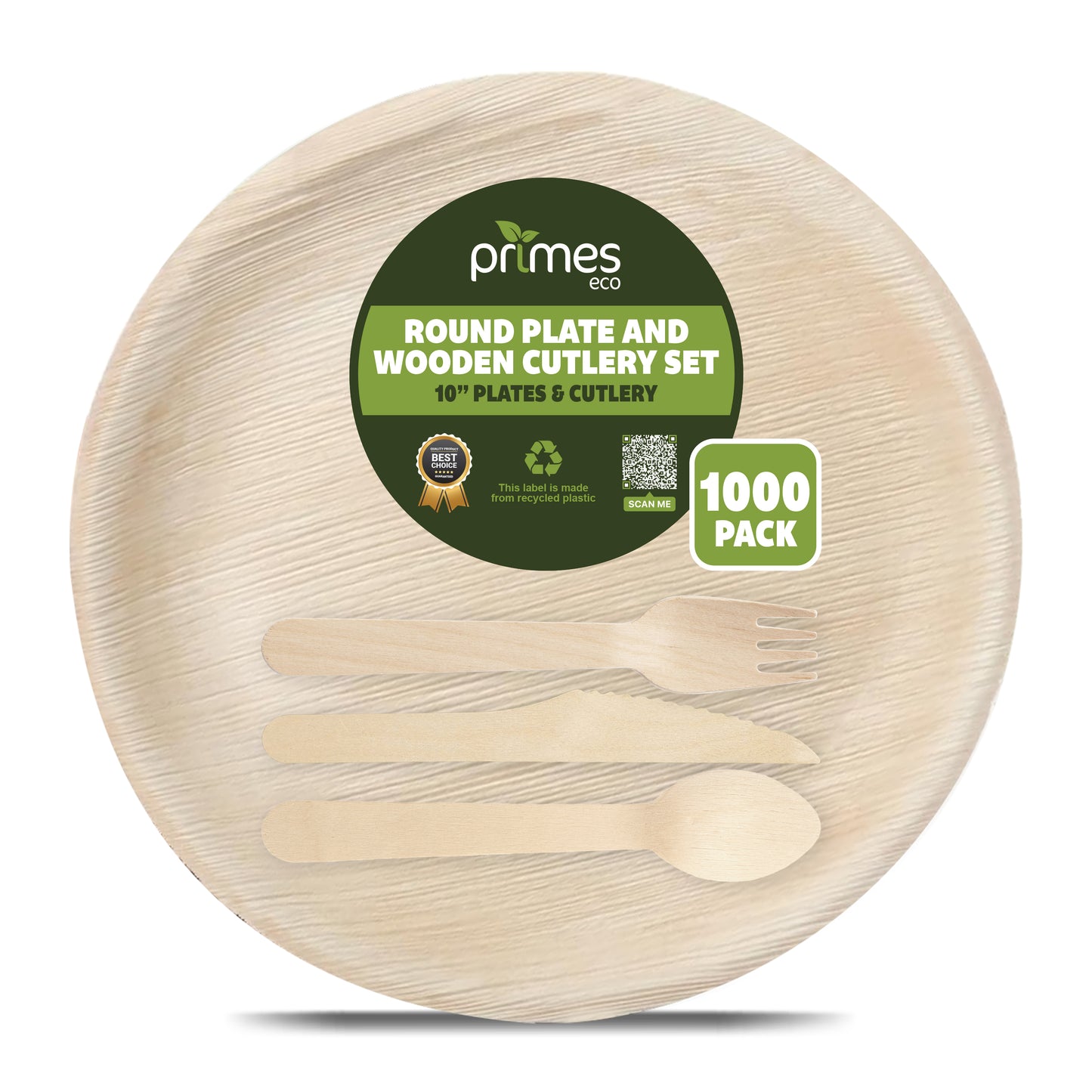 Disposable Palm Leaf 10 Inch Round Plates with Wooden Spoon Knife Fork Set, Heavyweight Disposable Plates for Dining, Parties, Events & Catering Use