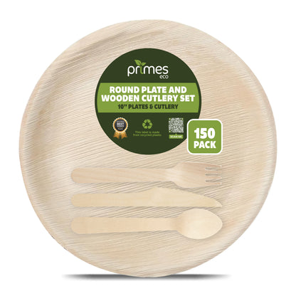 Disposable Palm Leaf 10 Inch Round Plates with Wooden Spoon Knife Fork Set, Heavyweight Disposable Plates for Dining, Parties, Events & Catering Use
