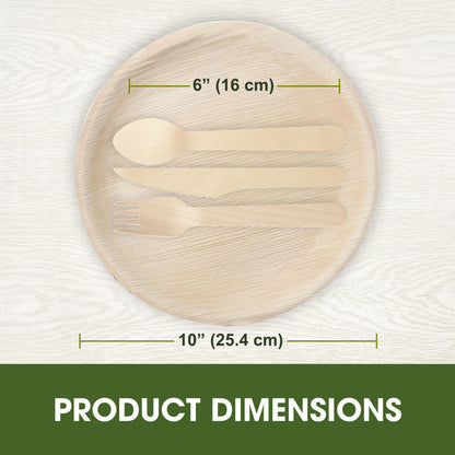 Disposable Palm Leaf 10 Inch Round Plates with Wooden Spoon Knife Fork Set, Heavyweight Disposable Plates for Dining, Parties, Events & Catering Use