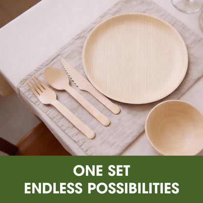 Disposable Palm Leaf 10 Inch Round Plates with Wooden Spoon Knife Fork Set, Heavyweight Disposable Plates for Dining, Parties, Events & Catering Use