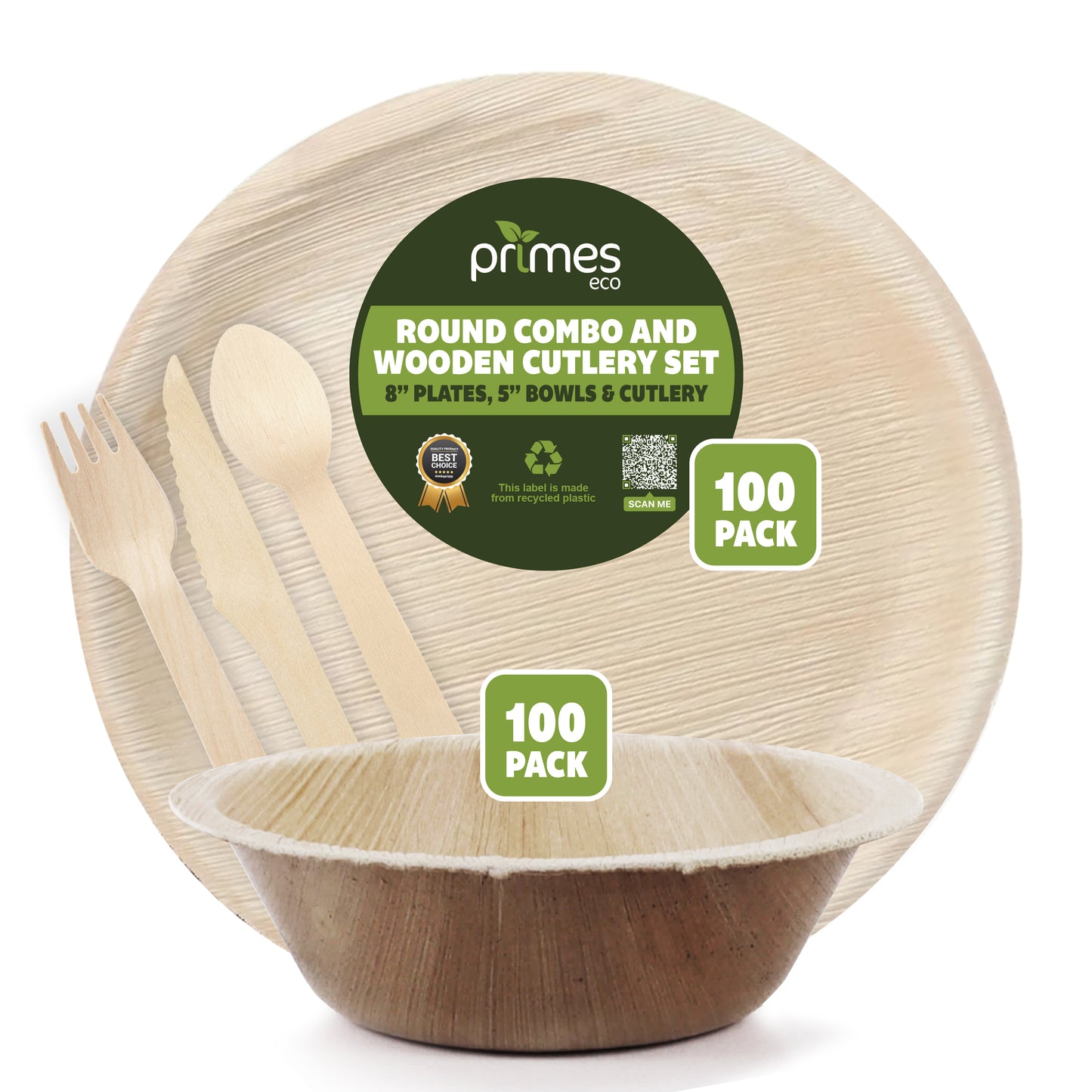 Disposable Palm Leaf Dinnerware Set with 8 Inch Round Plates, 250ml Round Bowls and Wooden Spoon Knife Fork Set for Parties Events Catering
