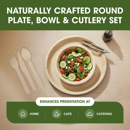 Disposable Palm Leaf Dinnerware Set with 8 Inch Round Plates, 250ml Round Bowls and Wooden Spoon Knife Fork Set for Parties Events Catering