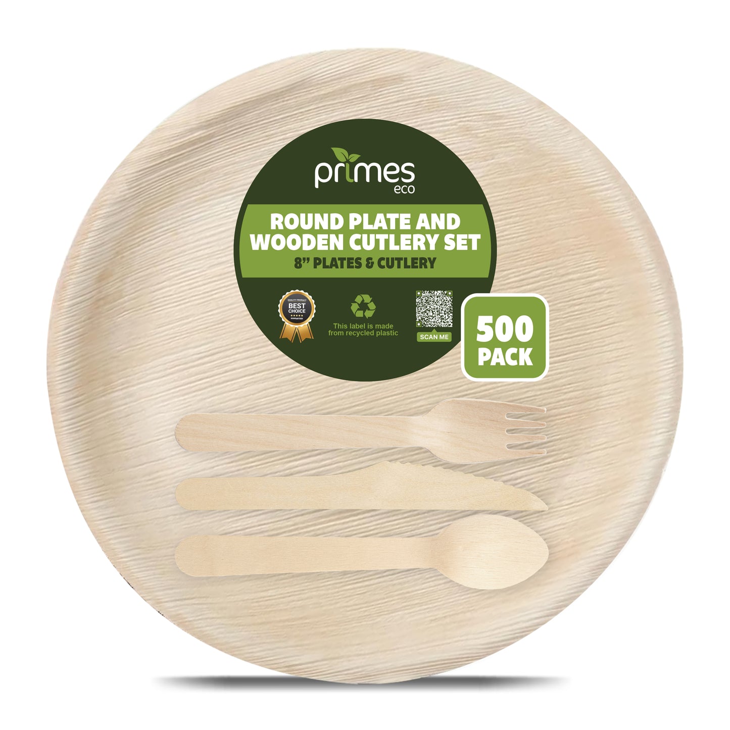 Disposable Palm Leaf 8 Inch Round Plates with Wooden Spoon Knife Fork Set, Sturdy Disposable Plates for Parties, Catering, Events & Everyday Meals