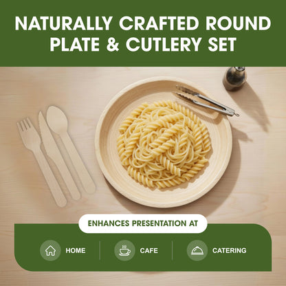 Disposable Palm Leaf 8 Inch Round Plates with Wooden Spoon Knife Fork Set, Sturdy Disposable Plates for Parties, Catering, Events & Everyday Meals