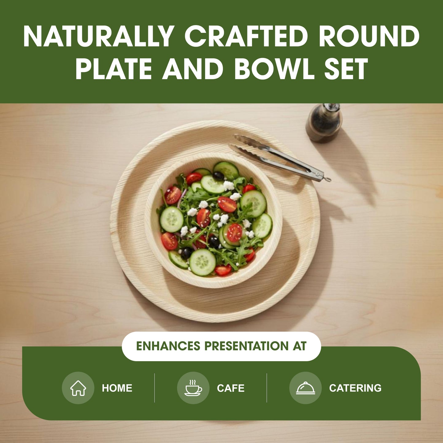 Disposable Palm Leaf Plates and Bowls Combo Set, 8 Inch Round Plates with 5 Inch 250ml Round Bowls, Sturdy Disposable Plates for Parties, Catering, Events & Everyday Use