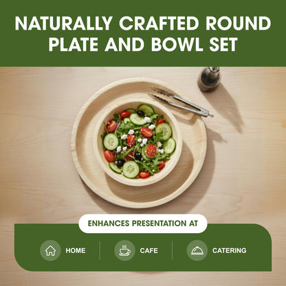 Disposable Palm Leaf Plates and Bowls Combo Set, 8 Inch Round Plates with 5 Inch 250ml Round Bowls, Sturdy Disposable Plates for Parties, Catering, Events & Everyday Use