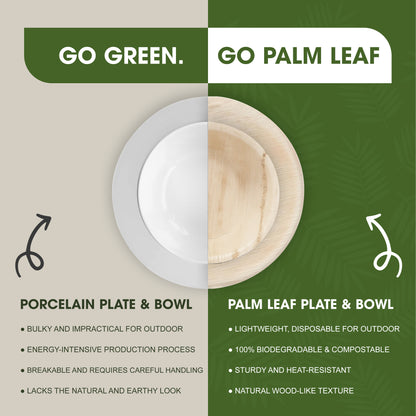 Disposable Palm Leaf Plates and Bowls Combo Set, 8 Inch Round Plates with 5 Inch 250ml Round Bowls, Sturdy Disposable Plates for Parties, Catering, Events & Everyday Use