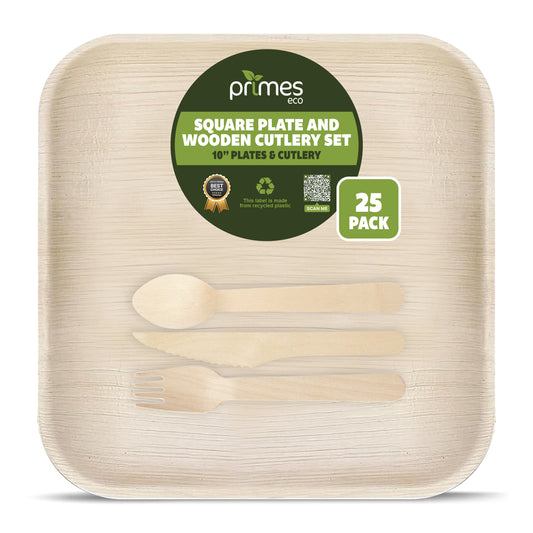 Disposable Palm Leaf 8 Inch Square Plates with Wooden Spoon Knife Fork Set | Strong Disposable Plates for Parties, Events, Catering & Everyday Dining
