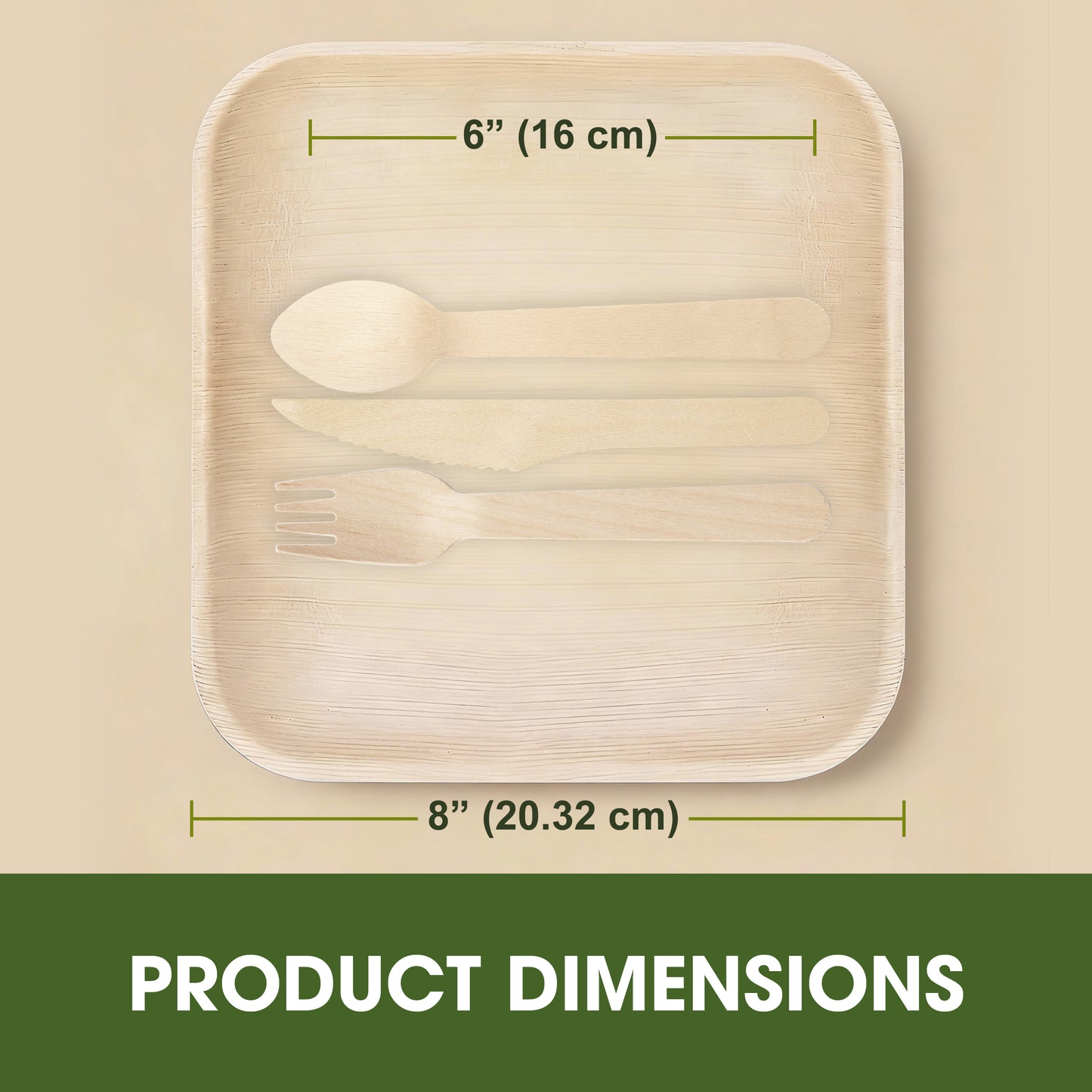Disposable Palm Leaf 8 Inch Square Plates with Wooden Spoon Knife Fork Set | Strong Disposable Plates for Parties, Events, Catering & Everyday Dining