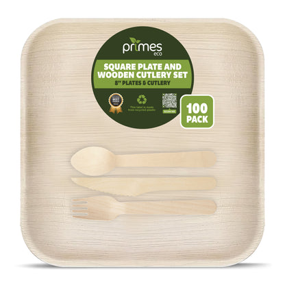 Disposable Palm Leaf 8 Inch Square Plates with Wooden Spoon Knife Fork Set | Strong Disposable Plates for Parties, Events, Catering & Everyday Dining