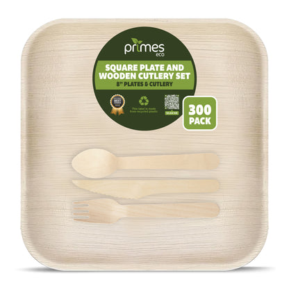 Disposable Palm Leaf 8 Inch Square Plates with Wooden Spoon Knife Fork Set | Strong Disposable Plates for Parties, Events, Catering & Everyday Dining