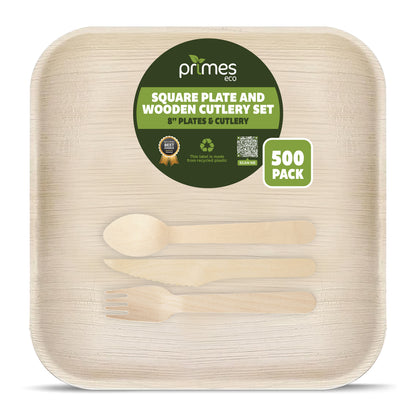 Disposable Palm Leaf 8 Inch Square Plates with Wooden Spoon Knife Fork Set | Strong Disposable Plates for Parties, Events, Catering & Everyday Dining