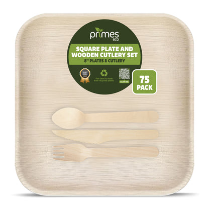 Disposable Palm Leaf 8 Inch Square Plates with Wooden Spoon Knife Fork Set | Strong Disposable Plates for Parties, Events, Catering & Everyday Dining