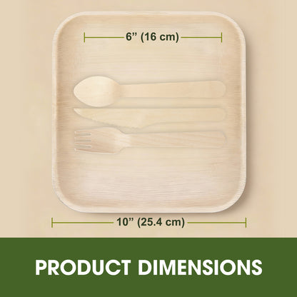 Disposable Palm Leaf 10 Inch Square Plates with Wooden Spoon, Knife & Fork Set | Sturdy Disposable Plates from Areca Palm Leaves for Parties, Catering, Events & Daily Use