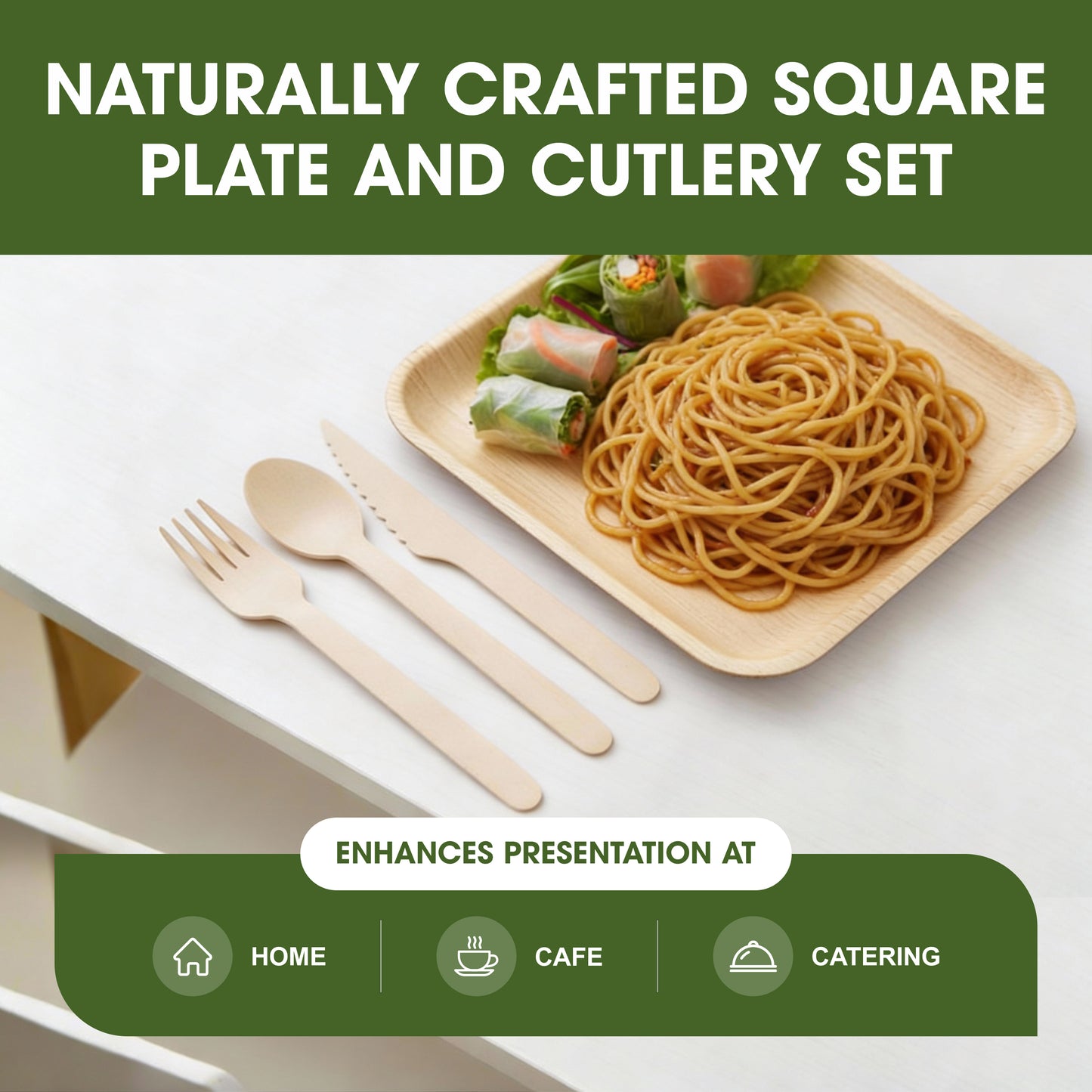 Disposable Palm Leaf 10 Inch Square Plates with Wooden Spoon, Knife & Fork Set | Sturdy Disposable Plates from Areca Palm Leaves for Parties, Catering, Events & Daily Use