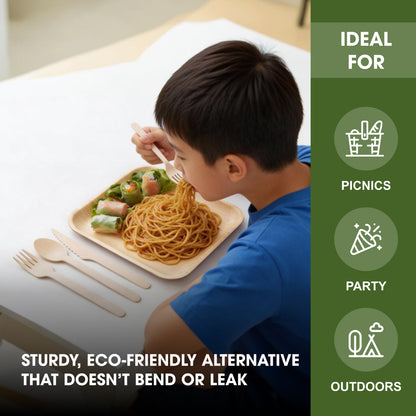 Disposable Palm Leaf 10 Inch Square Plates with Wooden Spoon, Knife & Fork Set | Sturdy Disposable Plates from Areca Palm Leaves for Parties, Catering, Events & Daily Use