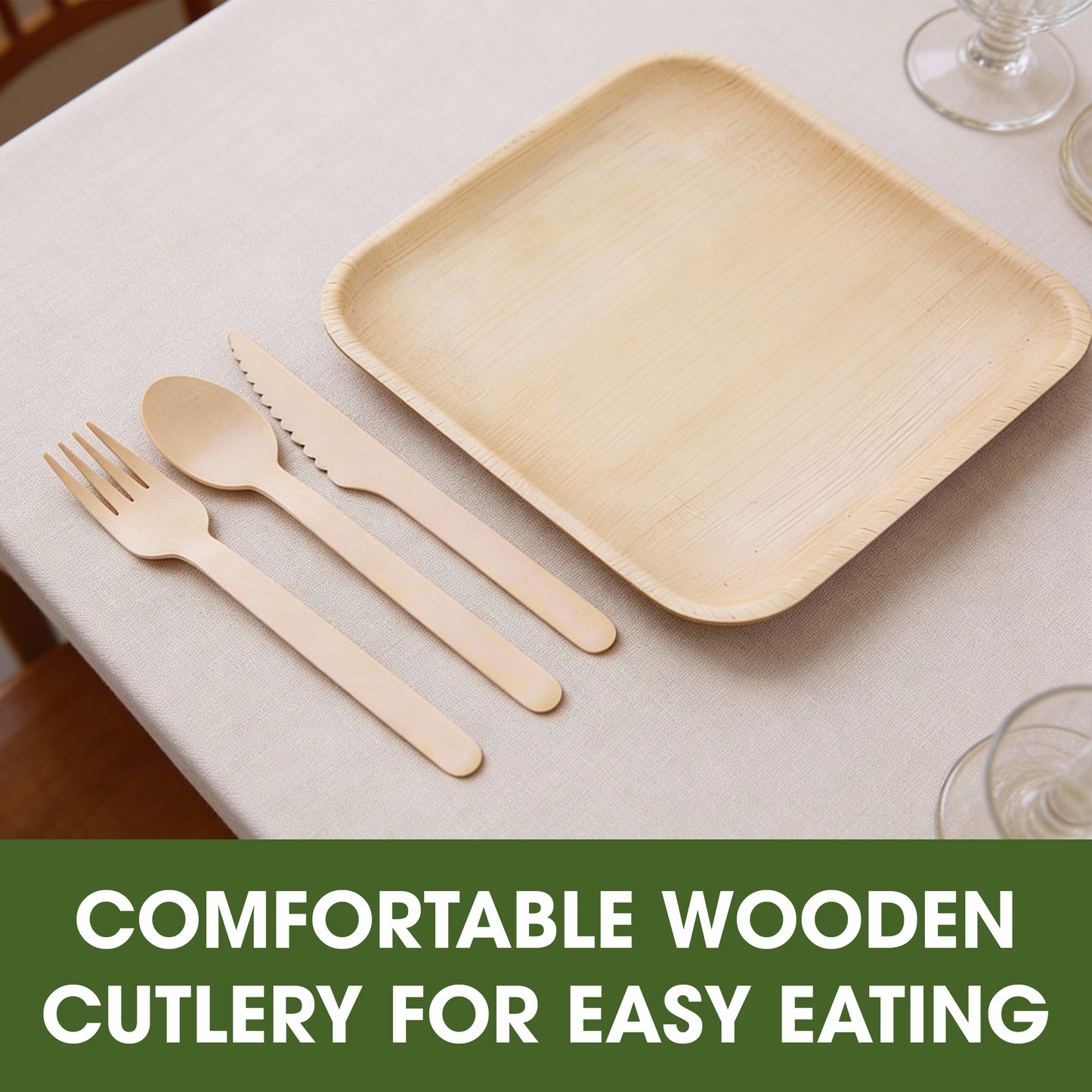 Disposable Palm Leaf 10 Inch Square Plates with Wooden Spoon, Knife & Fork Set | Sturdy Disposable Plates from Areca Palm Leaves for Parties, Catering, Events & Daily Use