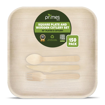 Disposable Palm Leaf 10 Inch Square Plates with Wooden Spoon, Knife & Fork Set | Sturdy Disposable Plates from Areca Palm Leaves for Parties, Catering, Events & Daily Use