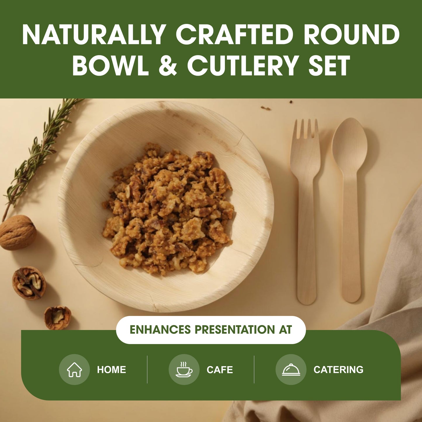 Disposable Palm Leaf 7 Inch 700ml Round Bowls with Wooden Spoon & Fork Combo Set | Strong Disposable Palm Leaf Bowls for Parties, Catering, Events & Everyday Serving