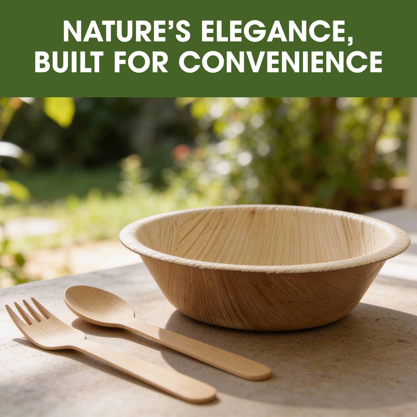 Disposable Palm Leaf 7 Inch 700ml Round Bowls with Wooden Spoon & Fork Combo Set | Strong Disposable Palm Leaf Bowls for Parties, Catering, Events & Everyday Serving