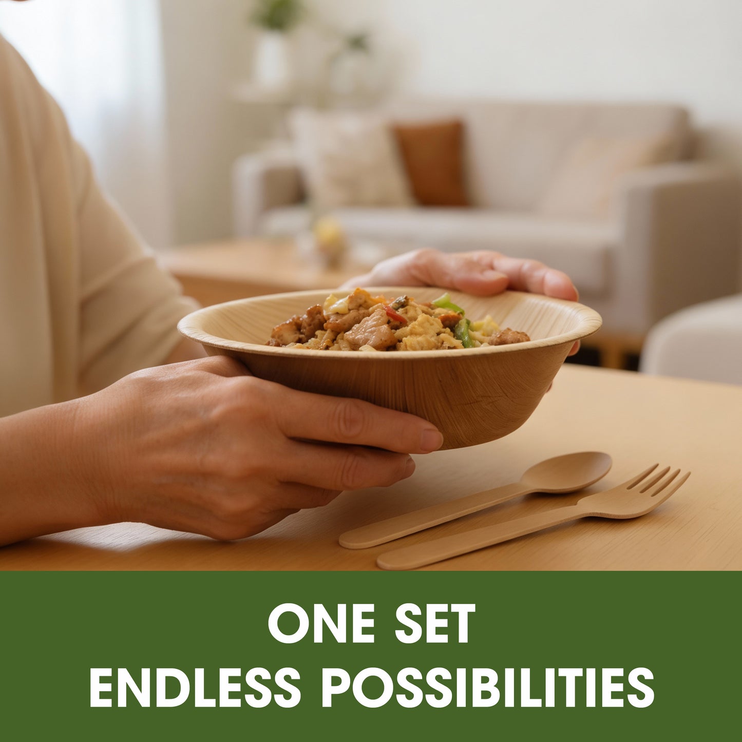 Disposable Palm Leaf 7 Inch 700ml Round Bowls with Wooden Spoon & Fork Combo Set | Strong Disposable Palm Leaf Bowls for Parties, Catering, Events & Everyday Serving