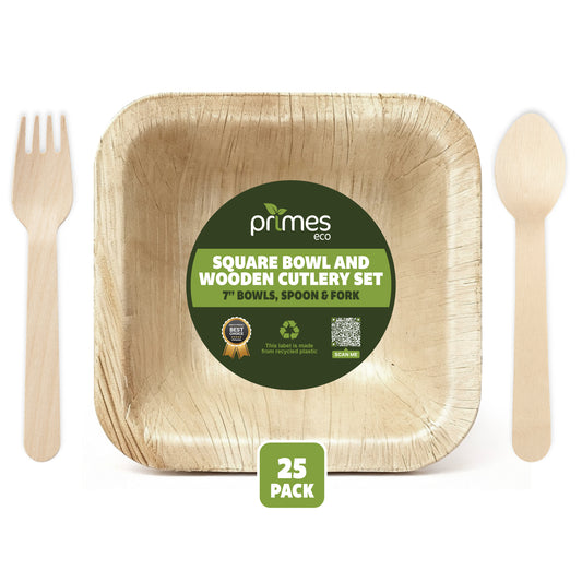 Disposable Palm Leaf 7 Inch 600ml Square Bowls with Birch Wood Spoon & Fork Combo Set | Strong Disposable Palm Leaf Bowls for Parties, Catering, Events & Everyday Serving