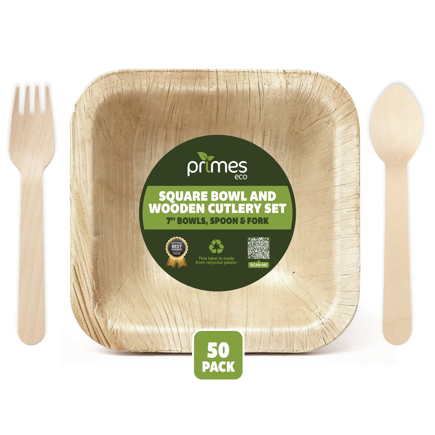 Disposable Palm Leaf 7 Inch 600ml Square Bowls with Birch Wood Spoon & Fork Combo Set | Strong Disposable Palm Leaf Bowls for Parties, Catering, Events & Everyday Serving