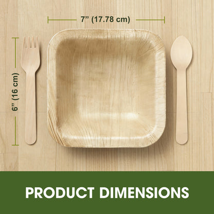 Disposable Palm Leaf 7 Inch 600ml Square Bowls with Birch Wood Spoon & Fork Combo Set | Strong Disposable Palm Leaf Bowls for Parties, Catering, Events & Everyday Serving